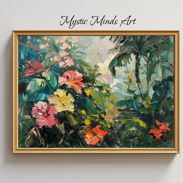 Sérénité ensoleillée : Hibiscus Haven. Peinture à l'huile vibrante. La beauté luxuriante d'un jardin tropical avec des fleurs d'hibiscus. Botanique. ART NUMÉRIQUE IMPRIMABLE