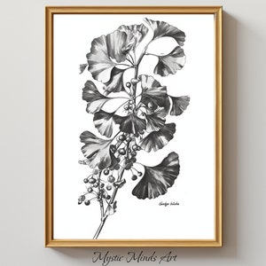 Ginkgo Biloba, Botanical Ink Illustration, Monochrome, High-Res, Hyper-Realistic, Printable Art, Digital Art, Wall Art, Home Decor, Nature