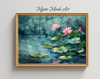 May include: Watercolor painting of a serene pond with pink lotus flowers and green lily pads. The artwork is framed in a gold-colored frame and features the text "Mystic Minds Art" in the upper right corner.