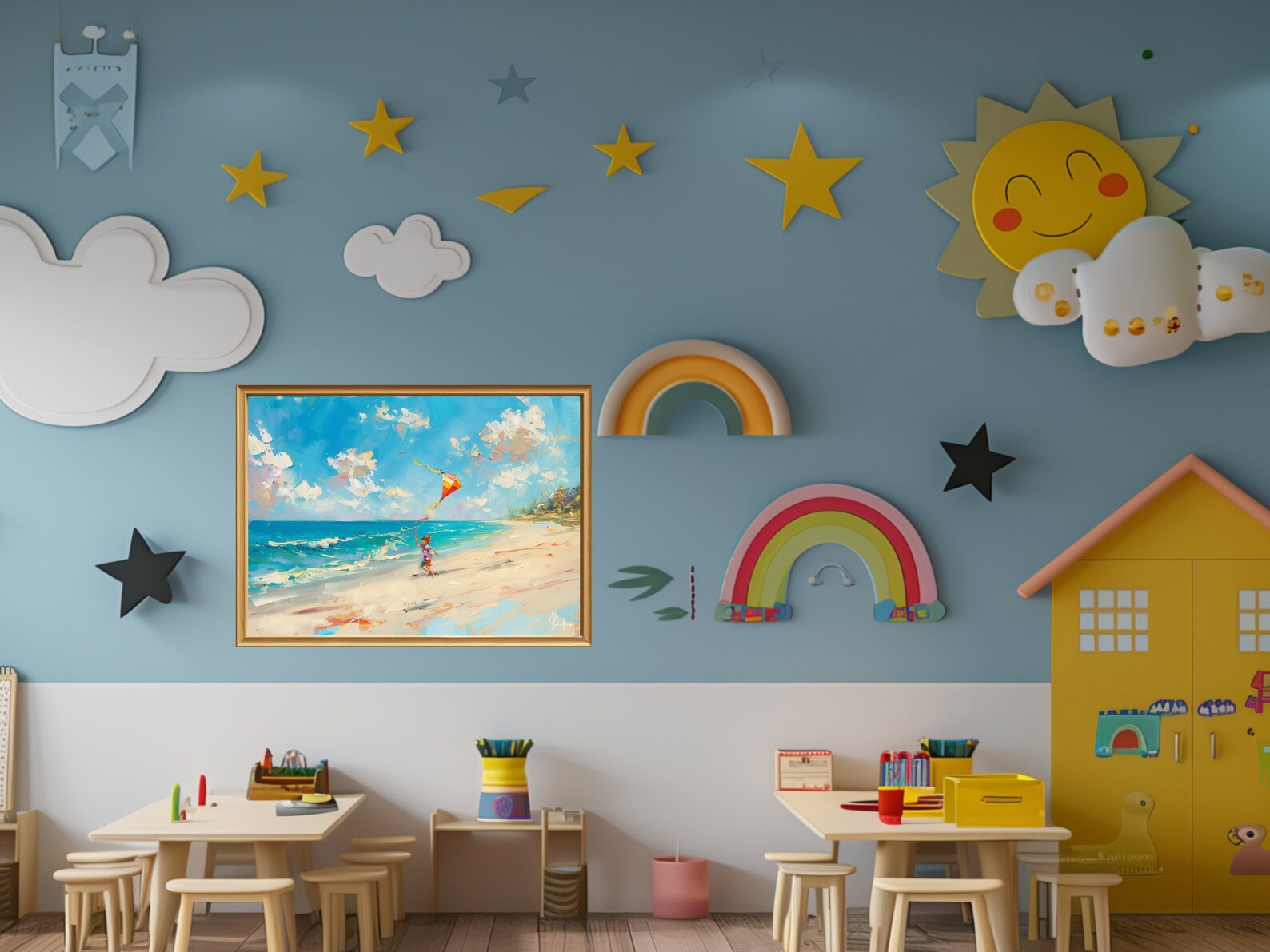 Printable Oil Painting of a Child Flying Kite on the Beach. Sunny Beach ...