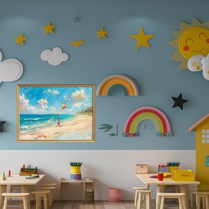 Printable Oil Painting of a Child Flying Kite on the Beach. Sunny Beach ...