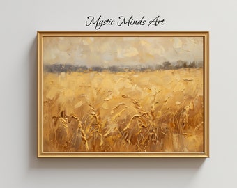 Op de afbeelding: Een ingelijst schilderij van een veld met gouden tarwe met een bewolkte lucht op de achtergrond. Het schilderij is gemaakt in een textuurrijke stijl, wat de indruk geeft van penseelstreken.