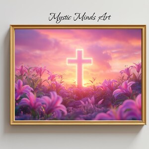 Serene Glowing Cross Digital Art Download - Inspirational Christian Wall Decor with Lilies at Sunset, Perfect for Home or Church