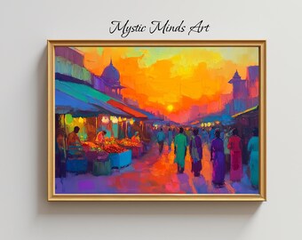 Arte digital imprimible de una vibrante y colorida escena de un mercado indio al atardecer, con detalles de espátula y cálidos efectos de iluminación. Descarga instantánea.