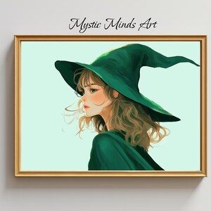 Printable Cute Anime Witch in Green Hat: Adorable anime witch, perfect for Halloween decor or fans of kawaii magic. Instant Download