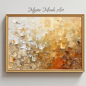 May include: Abstract painting in a gold frame with a textured, layered, and multi-dimensional style. The painting features shades of white, gold, and brown.