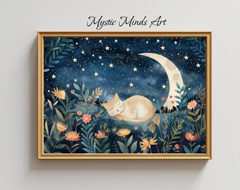 Sleeping Cat Under Moon and Stars - Cozy Nighttime Animal Art - Whimsical Cat Print - Dreamy Nursery Decor - Floral Boho Canvas Print -22