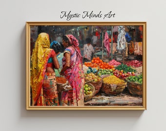 Market Melange: Vibrant Saree Symphony. Oil painting of vibrant saree-clad women shopping at market. Indian art. PRINTABLE DIGITAL ART -161