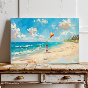 Printable Oil Painting of a Child Flying Kite on the Beach. Sunny Beach ...
