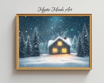 Cozy Snowy Cottage Printable Digital Art, Winter Cabin Wall Decor, Christmas Scene Art for Instant Download, Winter-themed Printable Digital