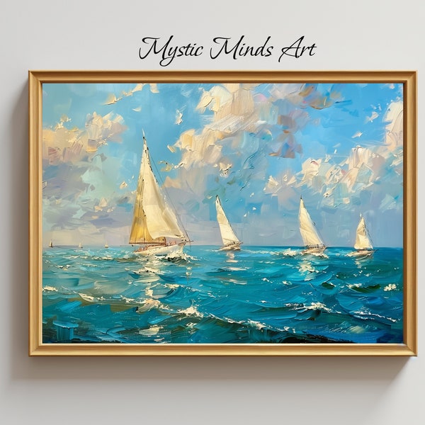 Azure Horizons: Sailing into Freedom. Palette knife oil painting of sailing boats amid azure seas and open skies. PRINTABLE DIGITAL ART