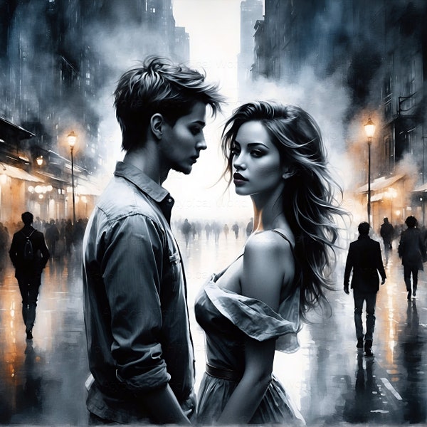 Young handsome guy and girl on a date in the evening city, black and white charcoal art, light shadow emotions, photo realism bright poster.