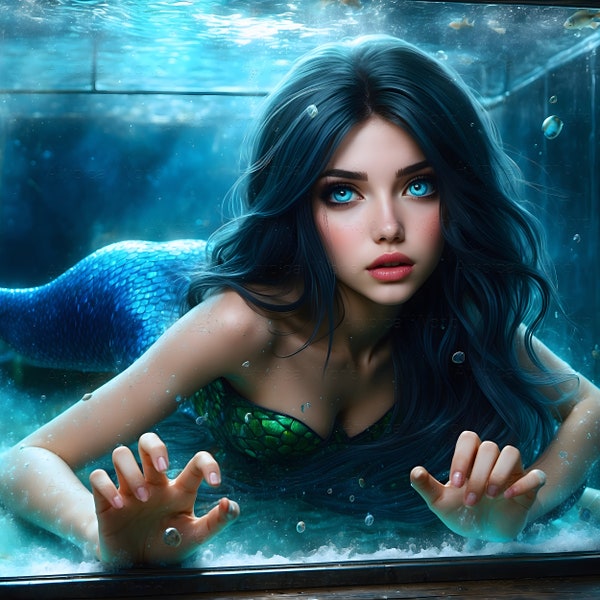 Beautiful brunette mermaid girl with a scaly tail locked in an aquarium, fantasy water art, emerald blue tint, photo realism bright poster.