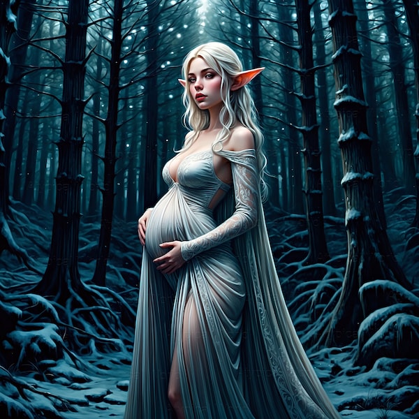 Magical Winter Forest Elf Princess Style - Beautiful Pregnant Girl in Long Dress, Whimsical Snow Decor  Fantasy Art wall decor design.