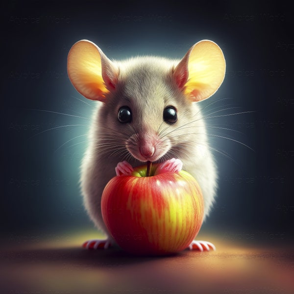 Beautiful gray mouse with a red apple, fruits and animals, decor for children's and kitchen. Wall decor design, bright colorful poster.