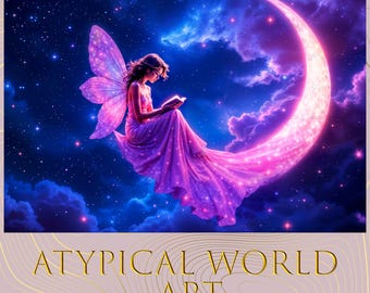 Magic Fairy with Pink Wings on a Neon Crescent - Starry Night Maximalist, Printable Fantasy Poster, Colorful Wall Decoration Digital Print