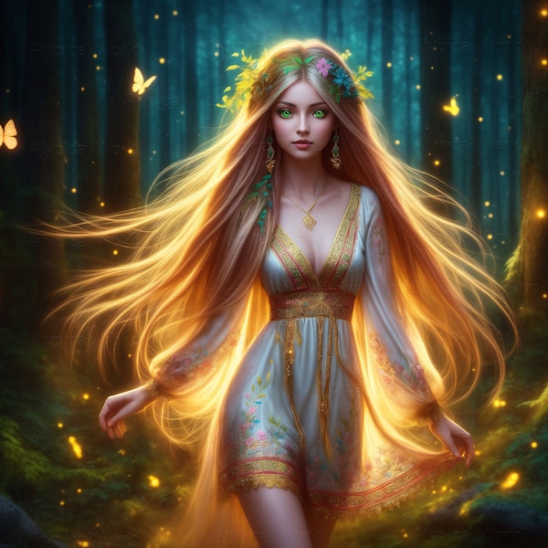 Beautiful forest shining dryad, nymph girl with golden hair, fantasy art, for children's room, photo realism. Wall decor, colorful poster.