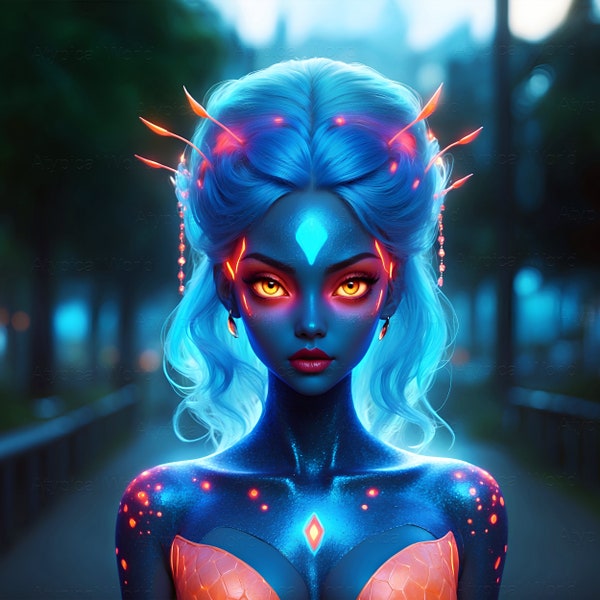 Beautiful alien girl with bright glowing eyes and blue skin, neon luminism UFO, fantasy photo realism wall design, bright colorful poster.