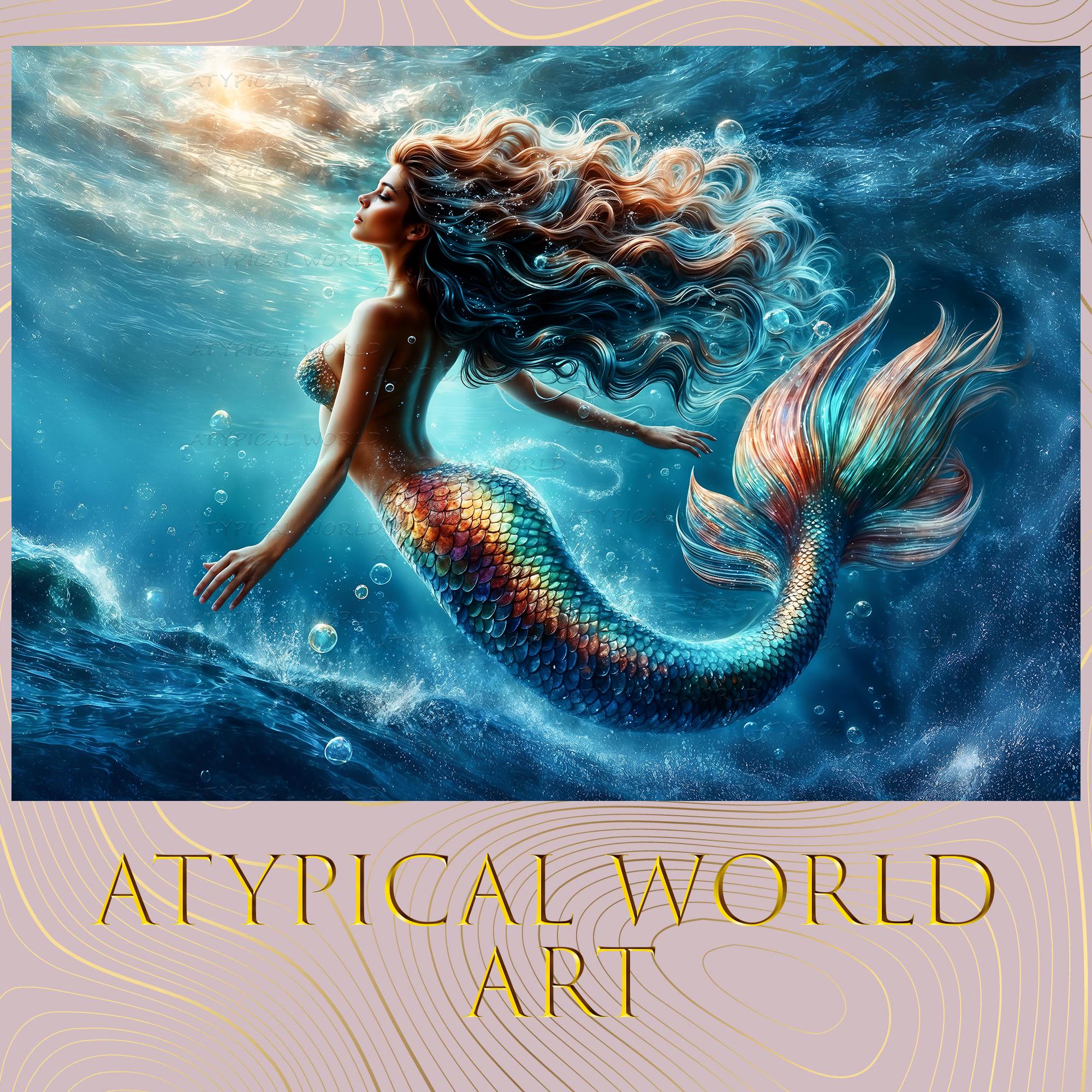 Fantastic Mermaid with a Shiny tail in the underwater ocean world, gradient and glitter, photo realism. Wall Digital Print, Colorful Poster.