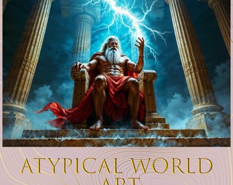 Powerful Zeus Ancient Greek Olympian God on Marble Throne with Lightning Bolt - Fantasy Mythical Deity Antiquity Colorful Wall Digital Print