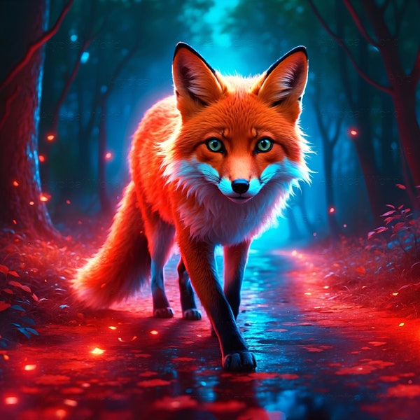 A beautiful red fox walks along the path of a magical forest, neon style and glow, forest night animal predator, bright colorful poster.