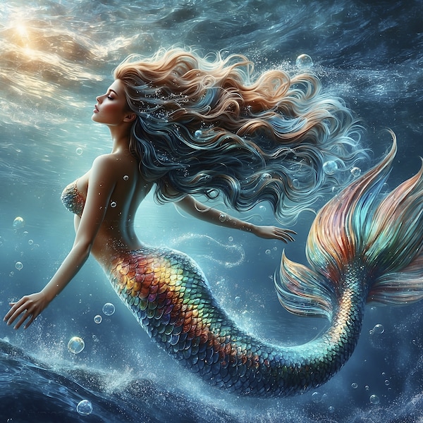 Fantastic mermaid with a shiny tail in the underwater ocean world, gradient and glitter, photo realism. Wall decor, bright colorful poster.