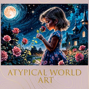 Magische Nacht Rosengarten Kunst - Kind im Blumenkleid unter Sternenhimmel, kleines Mädchen mit roter Rose unter Vollmond Wand Fantasie Digitaldruck