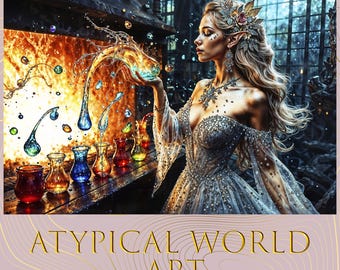 Beautiful Fantasy Girl Elf Glazier Melts Magic Glass, Multi-Colored Liquid Glass and Fire, Femininity Skill Photo Bright Wall Digital Print.