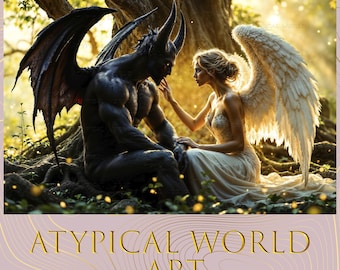 Divine Encounter: Angel and Demon in Harmony Beneath the Golden Forest Light, Black & White, Love Celestial Fantasy Art, Wall Digital Print