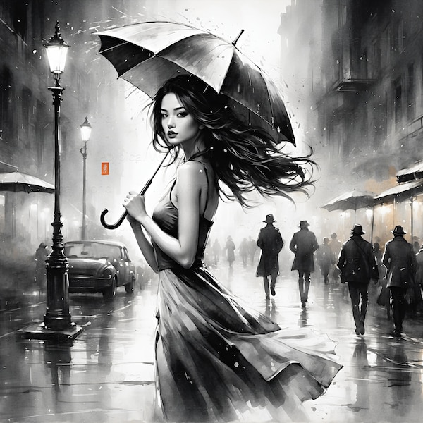 Elegant Girl in Evening Dress with Umbrella, Two-Color Black and White, Urban Rain Style, City Street Rain Art wall decor design.