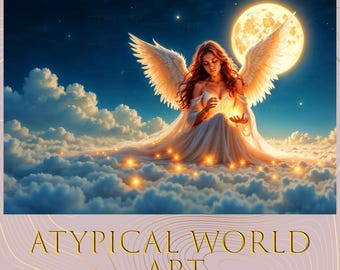Fantasy Full Moon Dreamy Art: Red-Haired Angel Girl with Snowy Wings Fluffy Clouds, Starry Sky, Full Moon Night Religious Wall Digital Print