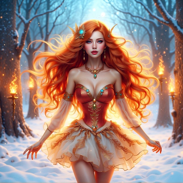 Fiery beautiful girl sorceress in the winter forest red hair, light dress precious stones, fantasy snow fairy tale, bright colorful poster.