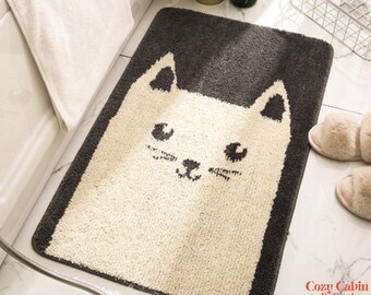 Tapis de bain mignon chat et lapin, tapis de salle de bain absorbant lavable et antidérapant, joli tapis de salle de bain, décoration de salle de bain mignonne