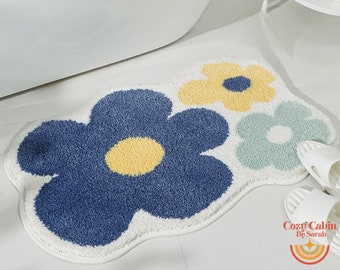 Daisy Floral Bath Mat, Washable Absorbent Non Slip Bathroom Rug, Flower Bathroom Mat, Colourful Bathroom Decor