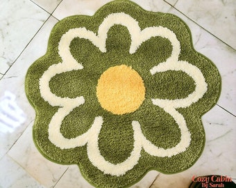 Trendy Flower Bath Bedroom Living Room Tufted Rug, Washable Absorbent Non Slip Bathroom Rug, Cool Floral Rug, Trendy Rug