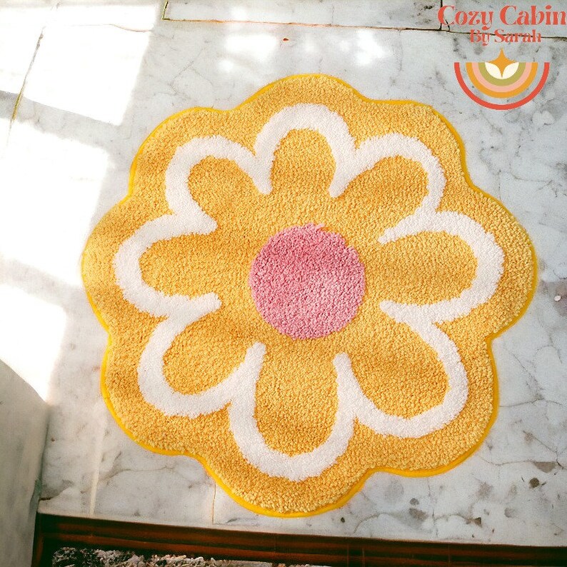 Alfombra con mechones para sala de estar, baño de flores de moda, alfombra de baño antideslizante absorbente lavable, alfombra floral fresca, alfombra de moda Yellow