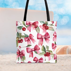 Coquette Tote Bag, Canvas Tote, Cute Tote, Shoulder Bag, Girls tote bag, Tote Bag, Bow gift, Gift for her, Cherry Bag, Beach Bag, Coquette