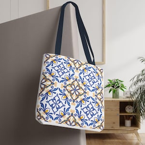 Mediterranean Spanish Tile Tote Bag, Gift for Mom, Travel Accessory, Beach Bag Essential, EcoFriendly Shopping Bag, Gift for her, Tile Tote