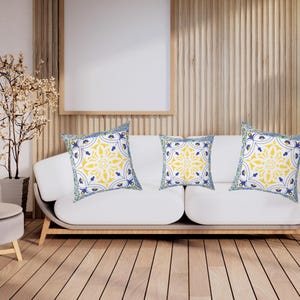 Almohada decorativa con azulejos españoles azules, decoración bohemia para el hogar, cojín de sofá bohemio, estilo mediterráneo, regalo de inauguración de la casa, detalle para la sala de estar.