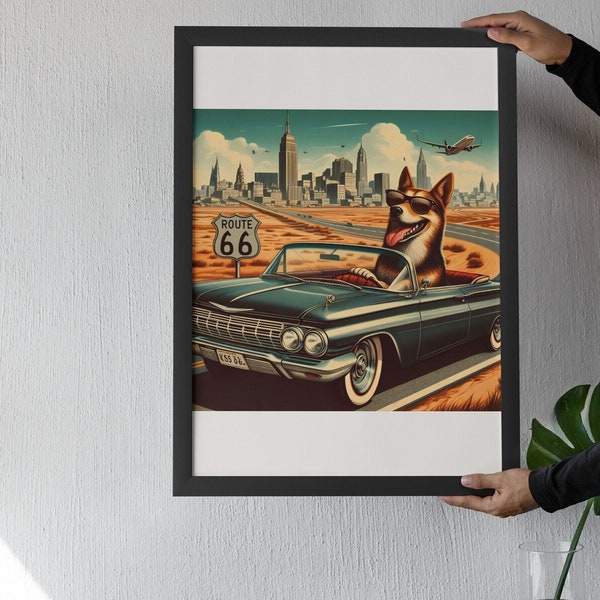 Vintage Dog in Impala: Route 66 Travel Wall Art - Animated dog Portrait, Perfect Christmas Gift & Instant Download for Dog Birthday Fun!