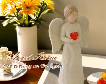 Angel of Love Heart, Guardian Angel Holding  Heart Hand Statue with Flickering LED, Praying Angel Figurines Home Decor for Gifts