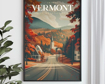 Vermont Fall Travel Poster, Vintage Style Art (Digital Download)