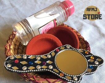 AKTION! Marokkanisches Berber Beauty Set + GESCHENK |Marokkanischer Terrakotta Topf (2 Original Red Brick Lippenfleck) + Original Rosenwasser + Berber Spiegel