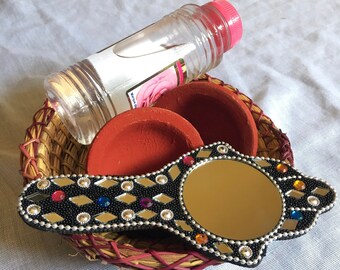 Set de belleza bereber marroquí/ Incluye maceta de terracota marroquí (2 tintes de labios de ladrillo rojo originales) + agua de rosas original + lindo espejo bereber