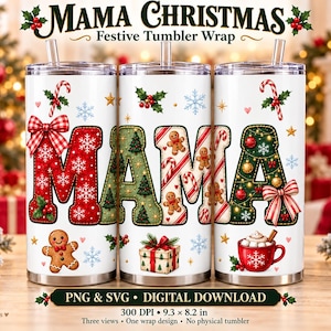 Motifs PNG et SVG pour gobelet « Maman de Noël », lettres patchwork festives avec nœuds et pain d'épice