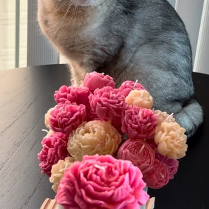 Pode incluir: Um buqu&ecirc; de velas em forma de flor em tons de rosa e creme, dispostas em um vaso de cer&acirc;mica branco. Um gato cinza com orelhas dobradas est&aacute; sentado atr&aacute;s das velas em uma superf&iacute;cie preta. As velas est&atilde;o em uma bandeja de madeira.