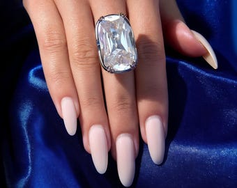 Crystal Statement Ring Large | Bold Cocktail Ring | Clear Gemstone | Adjustable Silver Band. One size