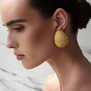 Bold Gold Stud Earrings | Large Oval Statement Earrings | Chunky Dome Beaded Earrings | Yellow Gold Tone Fashion Jewelry | Gift for Her