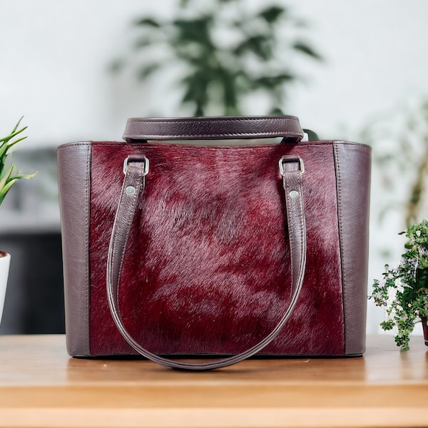 Red hair on leather handbag, Genuine Cowhide Leather handbag, handmade leather bag  anniversary gift, leather tote bag women gift for her