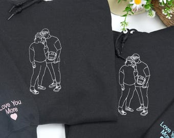 Sudadera con capucha bordada con retrato de pareja personalizado a partir de una foto - Sudadera con capucha personalizada de aniversario para pareja - Sudadera con capucha con dibujo de arte lineal